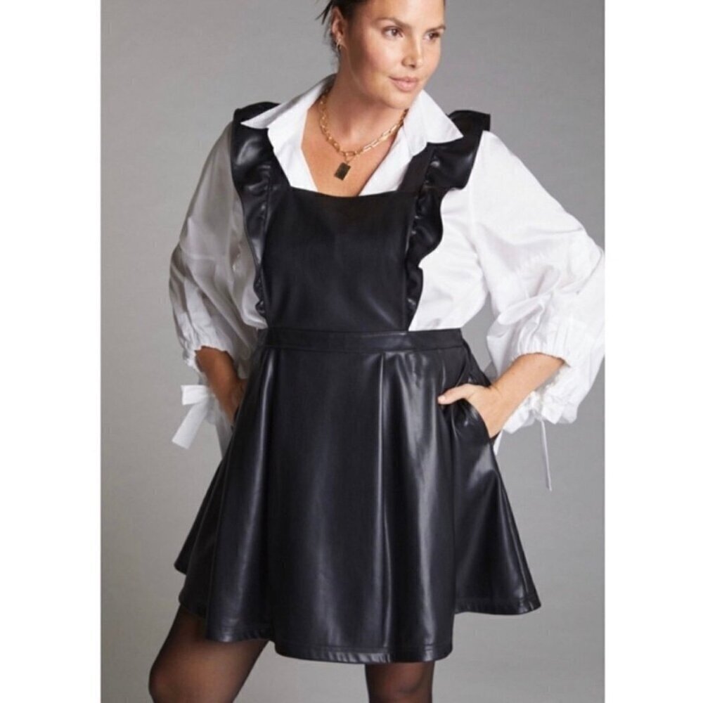Anthropologie Maeve Vegan Leather Ruffle Mini Pinafore Dress Overalls 16W